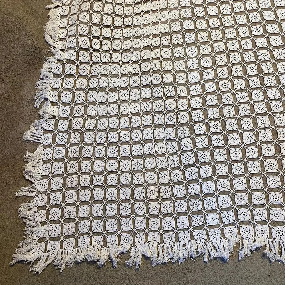 Vtg Handmade 77x112” Crocheted Table Cloth Tan Beige Crochet Bed Coverlet